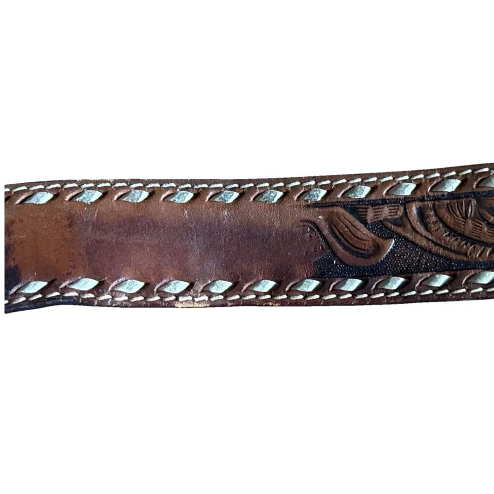 Southwest Clothiers, Inc. Leather Raw Grain Saddle Leather Belt SZ 36 Hand Laced